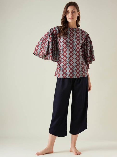 the kaftan company navy & red geometric print top with crop pants