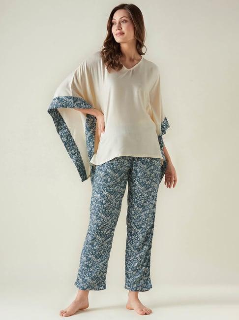 the kaftan company beige & green floral print kaftan top with lounge pants