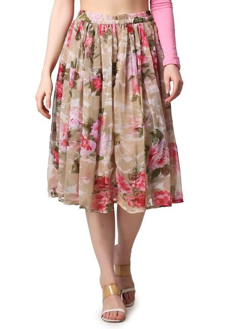 cation dark beige floral print a-line midi skirt