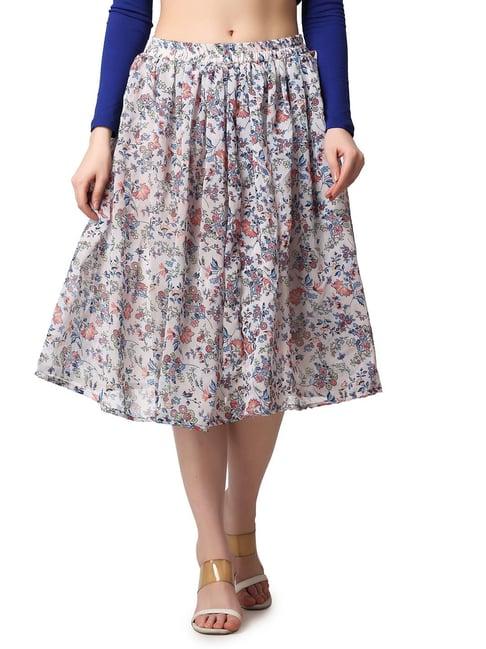 cation white floral print a-line midi skirt