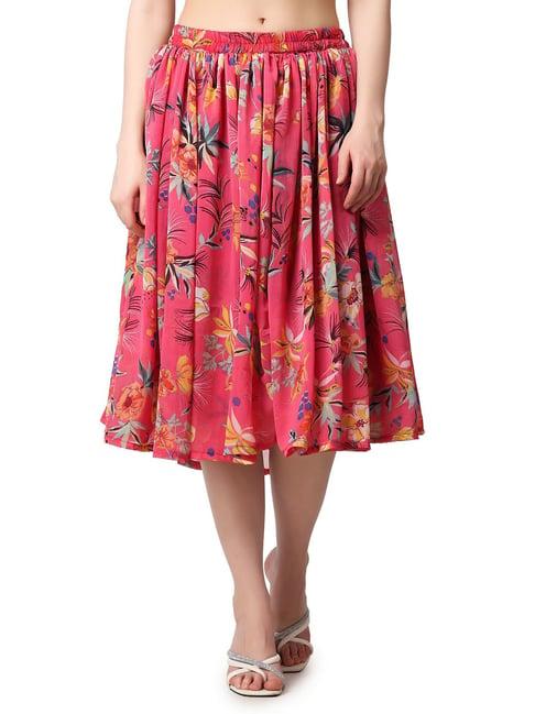 cation pink floral print a-line midi skirt