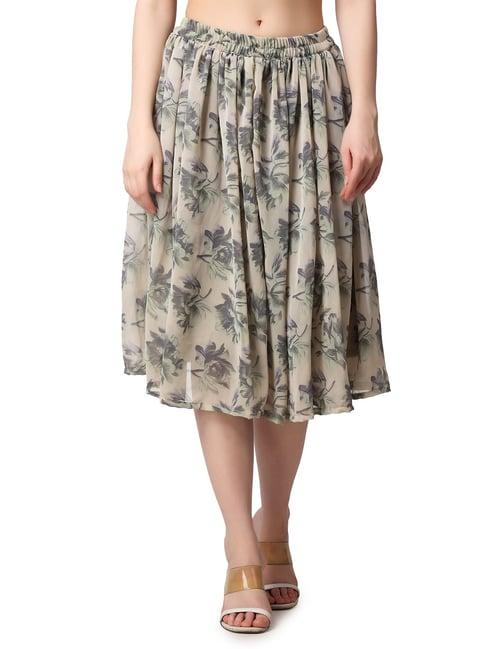 cation grey floral print a-line midi skirt