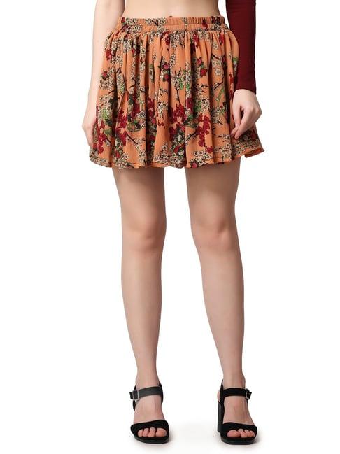 cation orange floral print mini skirt