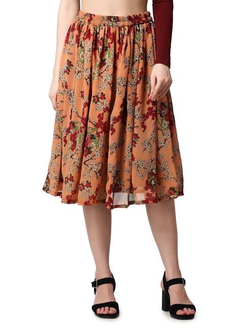 cation orange floral print a-line midi skirt