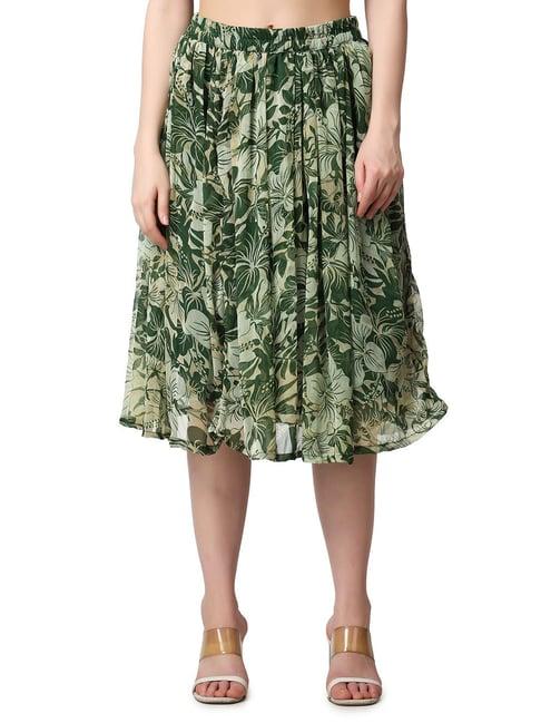 cation green floral print a-line midi skirt