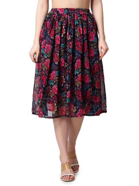 cation blue floral print a-line midi skirt