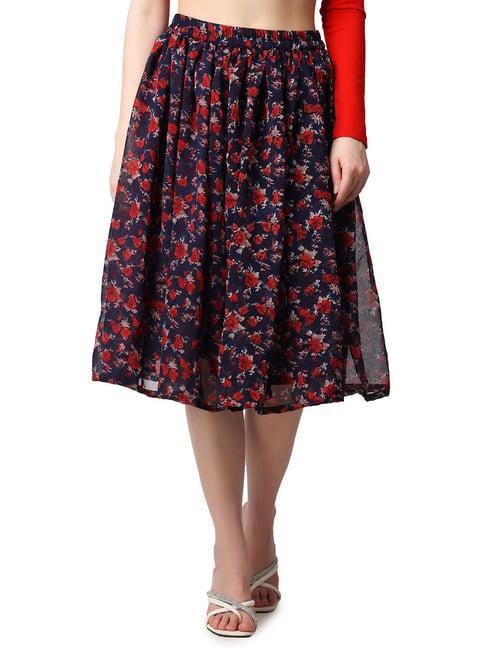 cation blue floral print a-line midi skirt