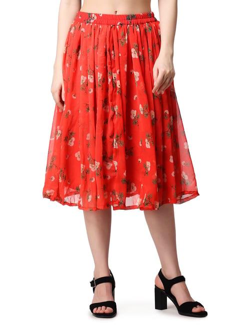 cation red floral print a-line midi skirt