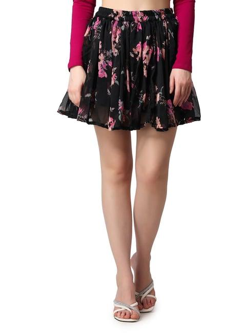 cation black floral print mini skirt