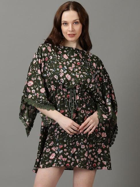 showoff olive floral print wrap dress