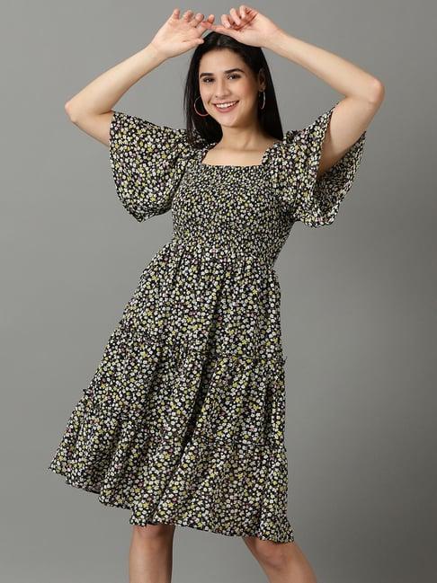 showoff black & yellow floral print fit & flare dress