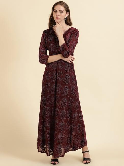 showoff maroon floral print gown