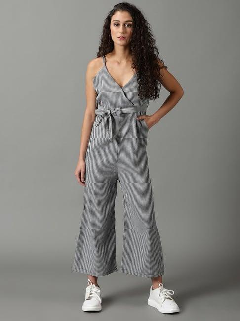 showoff white & black cotton checks jumpsuit