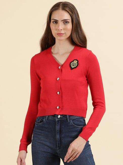 showoff red regular fit front open sweater