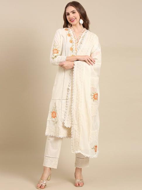 showoff off white cotton embroidered kurta with palazzos & dupatta