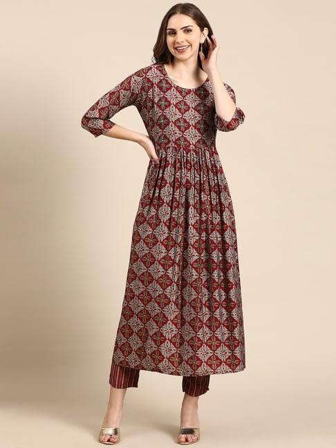 showoff maroon & grey embellished kurta with pants