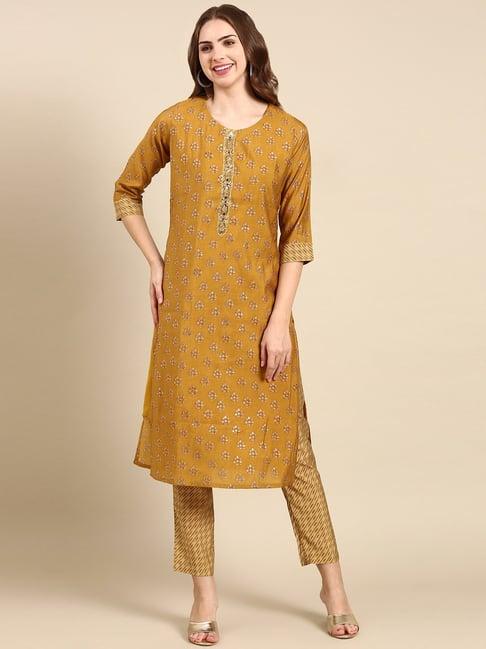 showoff mustard embellished kurta with pants