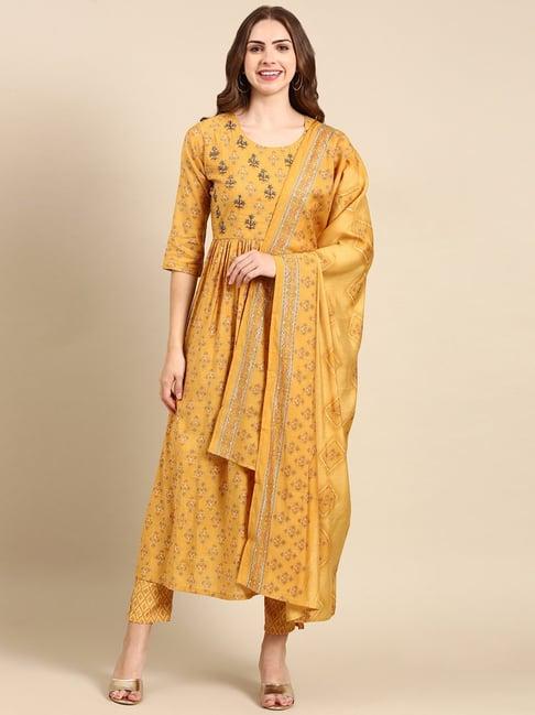 showoff mustard embellished kurta with pants & dupatta