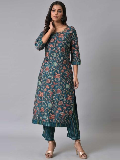 w blue printed kurta pant set