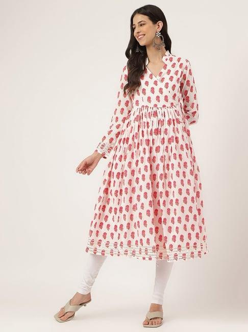 divena white & red cotton floral print angrakha kurta