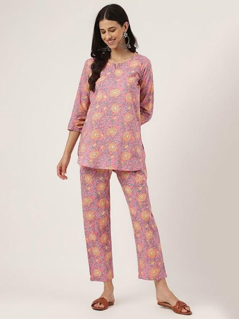 divena pink cotton floral print tunic pant set