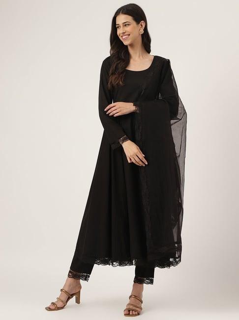 divena black cotton kurta pant set with dupatta