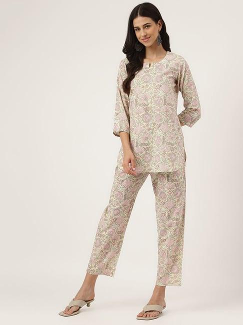 divena yellow cotton floral print tunic pant set