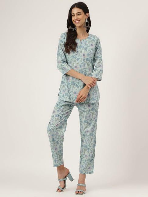 divena sage green cotton floral print tunic pant set