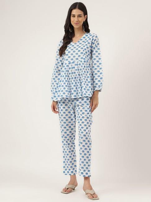 divena white & blue printed tunic pant set