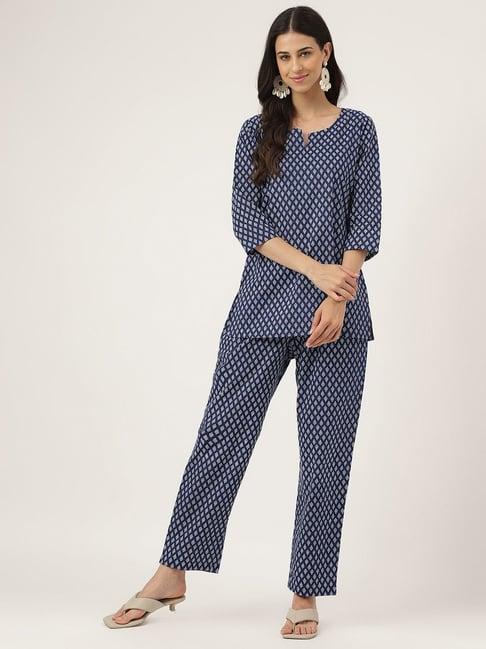 divena navy cotton floral print tunic pant set