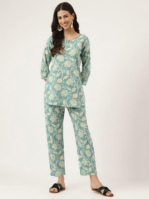 divena sea green cotton floral print tunic pant set