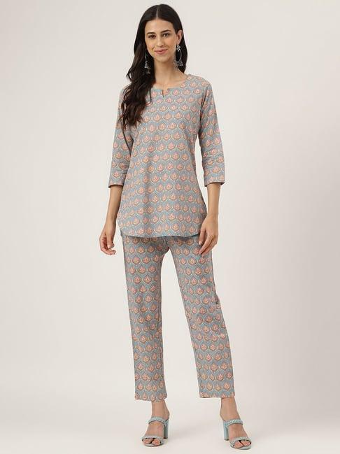 divena sky blue cotton floral print tunic pant set