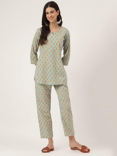 divena green cotton floral print tunic pant set