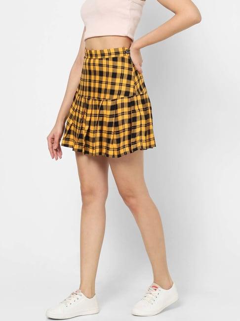 vastrado yellow cotton chequered mini a-line skirt