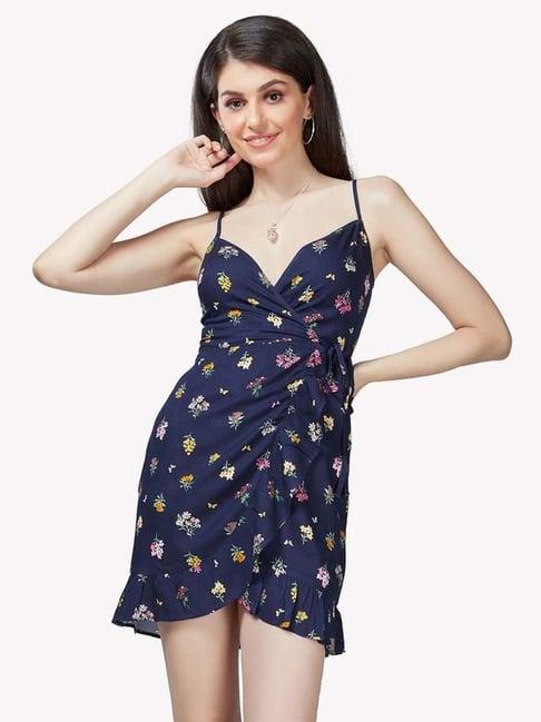 vastrado navy floral print a-line wrap dress