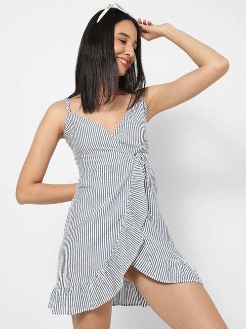 vastrado blue striped a-line wrap dress