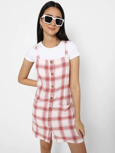 vastrado red & off-white cotton chequered pinafore dress