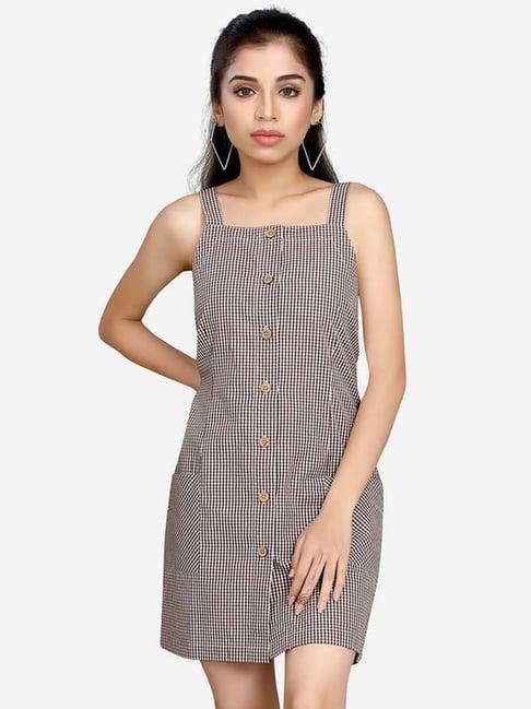 vastrado brown cotton chequered pinafore dress