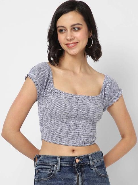 vastrado blue cotton chequered crop top