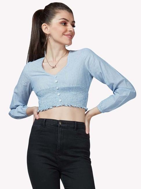 vastrado blue cotton striped crop top