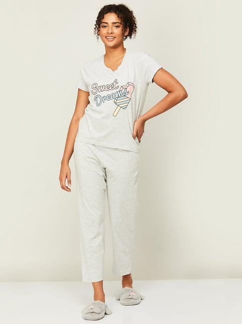 ginger by lifestyle grey cotton printed top pyjama set