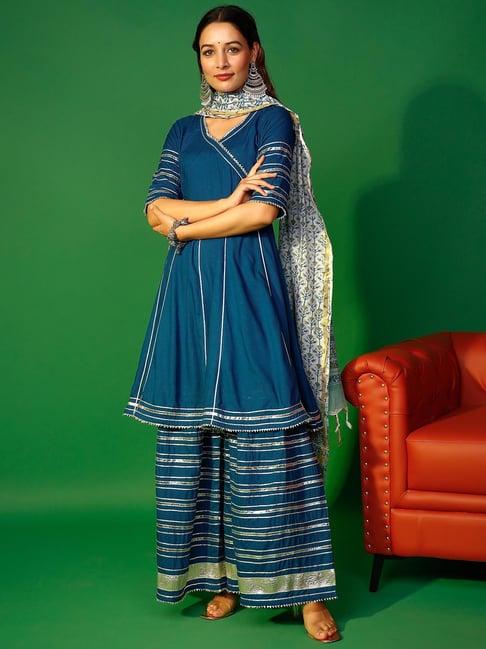 pheeta blue striped kurta with palazzo & dupatta