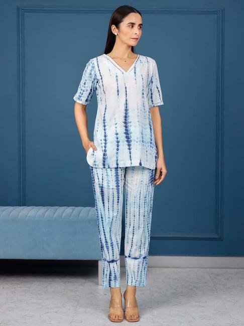 pheeta white cotton tie & dye kurti pyjama set