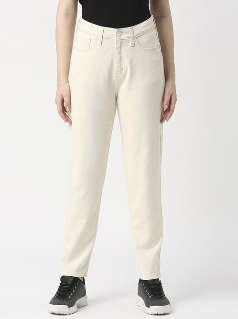 pepe jeans off-white cotton high rise tapered mom jeans