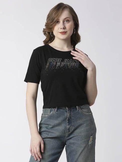 pepe jeans black cotton embellished t-shirt