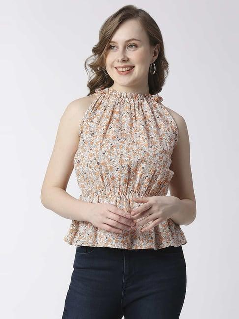 pepe jeans beige & orange floral print top