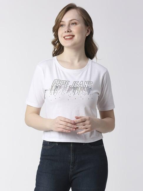 pepe jeans white cotton embellished t-shirt