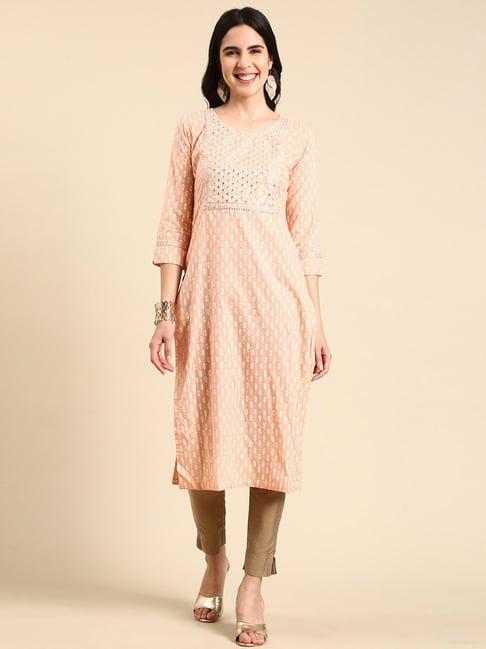 showoff peach cotton printed kurta