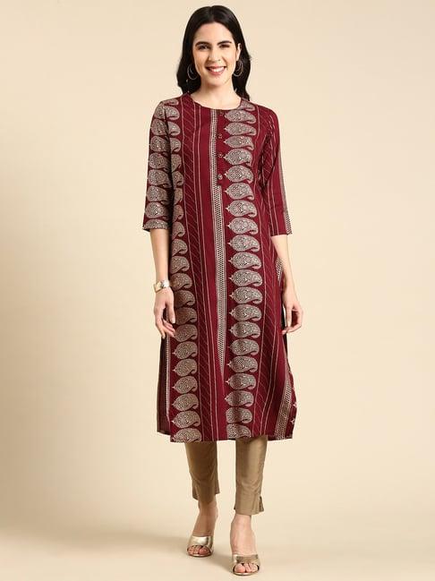 showoff maroon cotton printed kurta