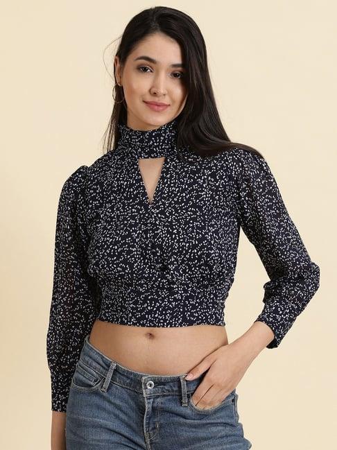 showoff navy & white printed crop top